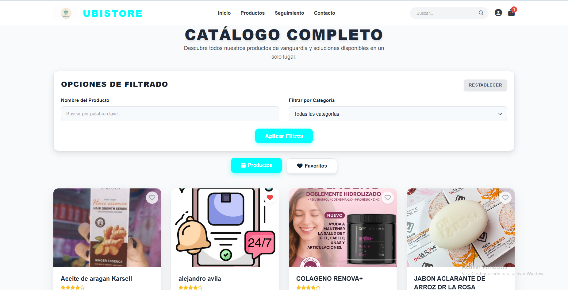 Catálogo de productos de la tienda virtual